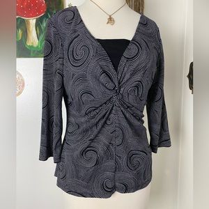 Offer  Briggs NY 3/4 sleeve layered top black white swirl print twisted middle M